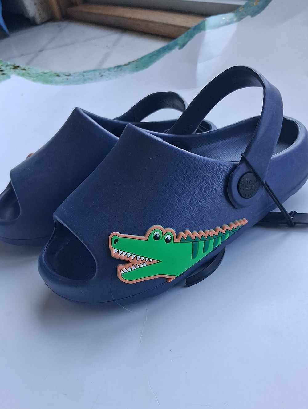 Kids Navy Slide Sandals with Green Crocodile Accent - Comfortable Slip-On